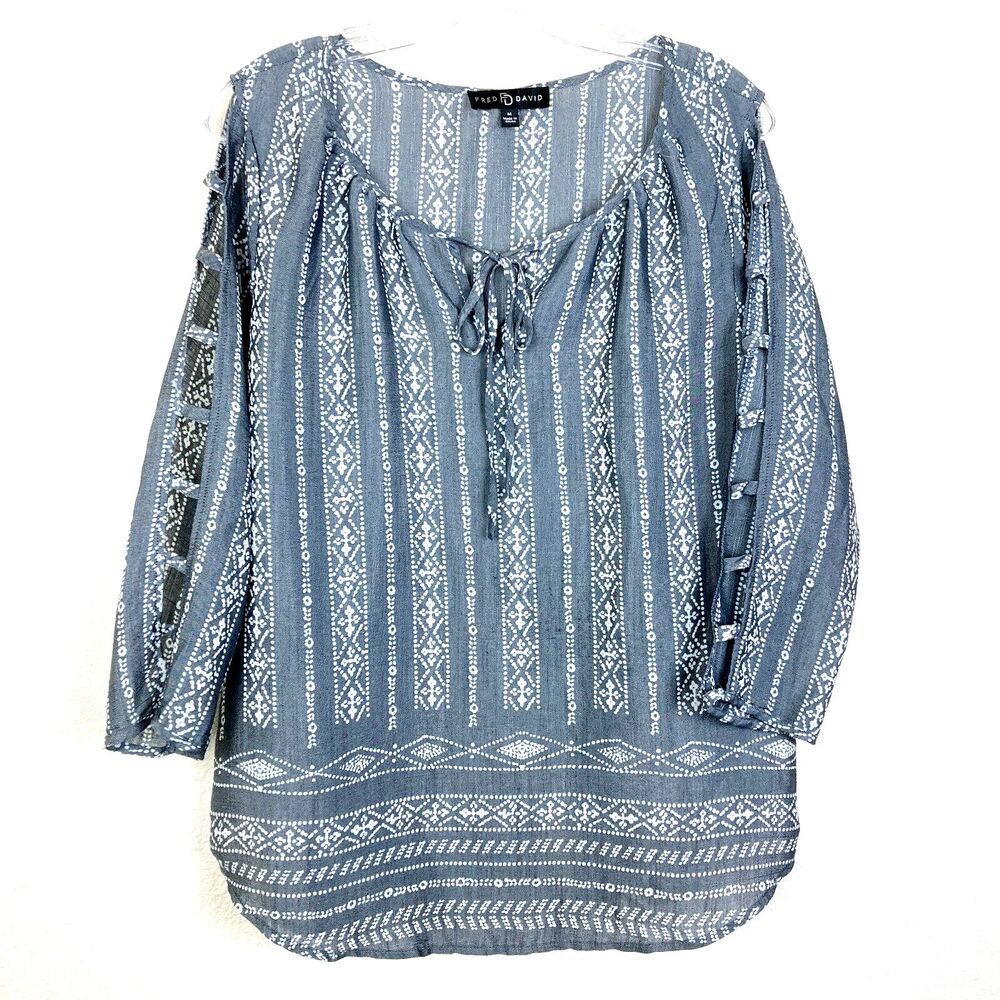 Fred David Womens Tie at Neck Top Size M Gray White 3/4 Sleeve Lattice Geometric